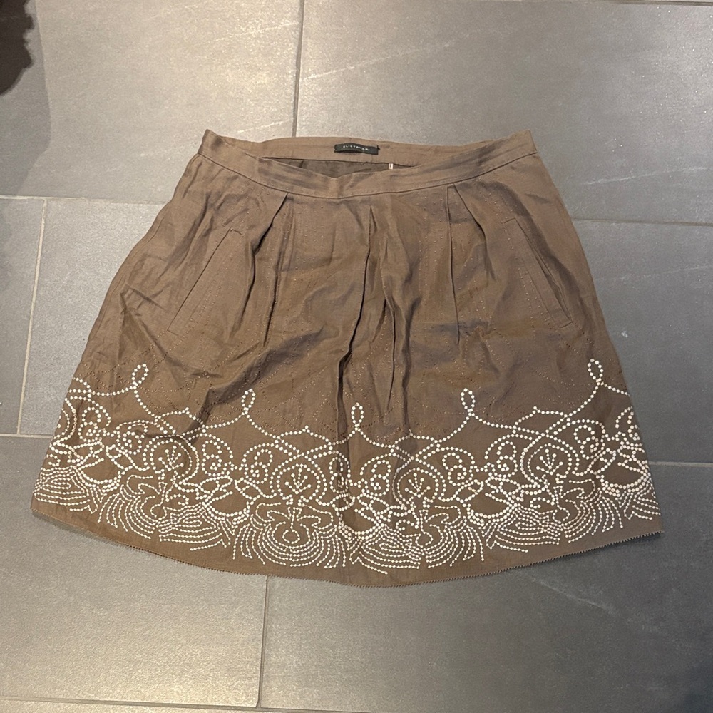 Elie Tahari Brown A-Line Mini Skirt with White Embroidery